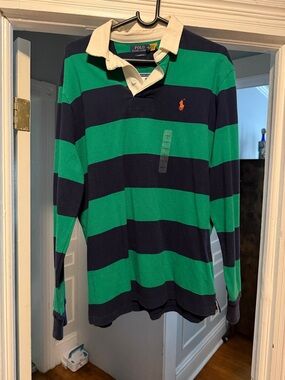 Ralph Lauren Green & Navy Striped Rugby Polo with Cream Collar